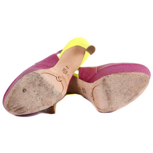 JOAN & DAVID Magenta & Chartreuse Green Textured Two-Tone Slingback Pumps Size 6 - Picture 5 of 8